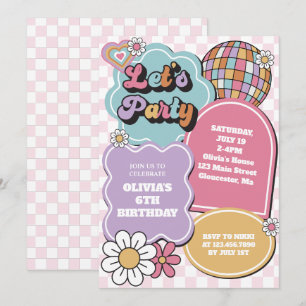 Retro pastel disco ball and daisy Birthday Invitation