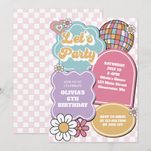 Retro pastel disco ball and daisy Birthday Invitation