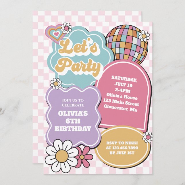 Retro pastel disco ball and daisy Birthday Invitation (Front/Back)
