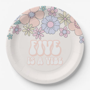 Retro pastel Floral Five is a Vibe birthday Paper Plate