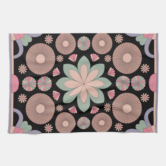 Retro Pastel Floral Mandala Symmetry Tea Towel (Horizontal)