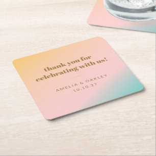 Retro Pastel Gradient Unique Wedding Custom Thanks Square Paper Coaster