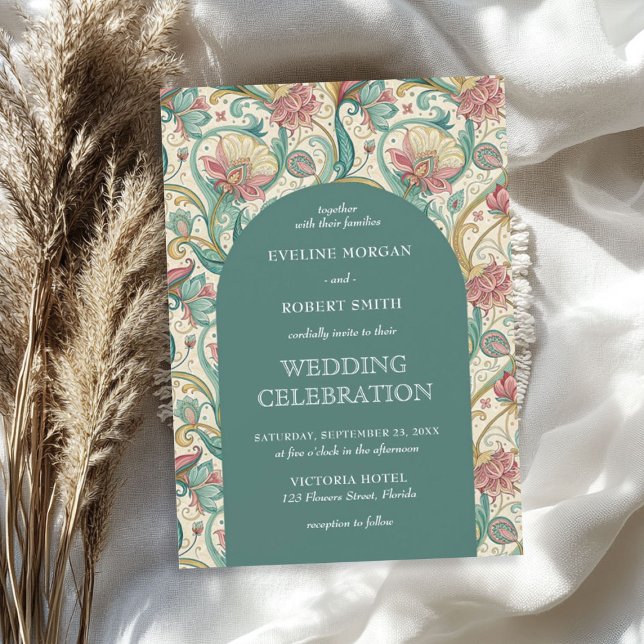 Retro pastel green dusty pink floral Art Nouveau Invitation (Retro pastel green dusty pink floral Art Nouveau Invitation)