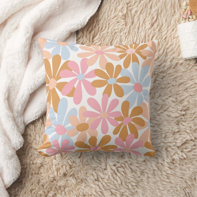 Retro Pastel Groovy Daisy Flower Pattern Cushion (Blanket)