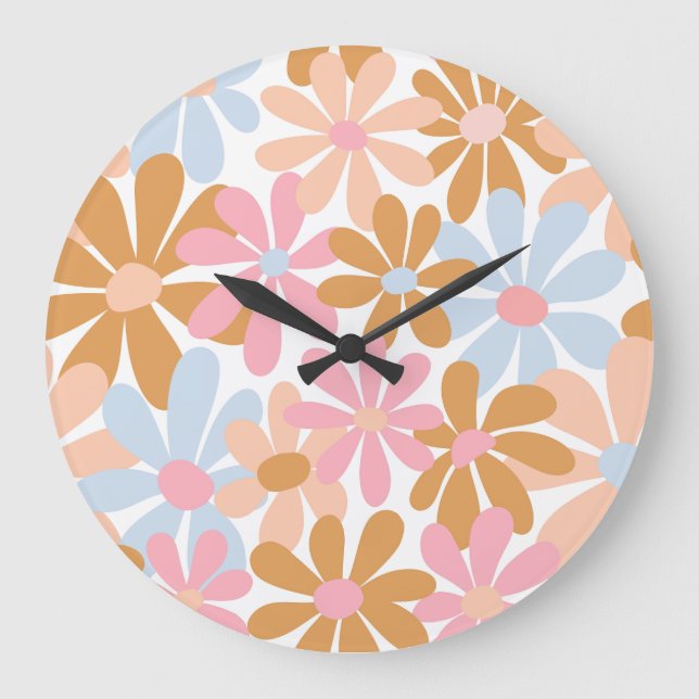 Retro Pastel Groovy Daisy Flower Pattern Large Clock (Front)