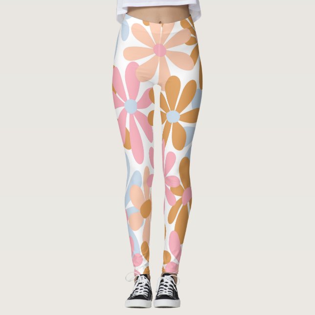 Retro Pastel Groovy Daisy Flower Pattern Leggings (Front)