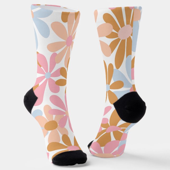 Retro Pastel Groovy Daisy Flower Pattern Socks (Angled)