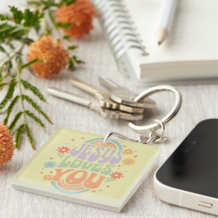 Retro Pastel “Jesus Loves You” Christian Design –  Key Ring