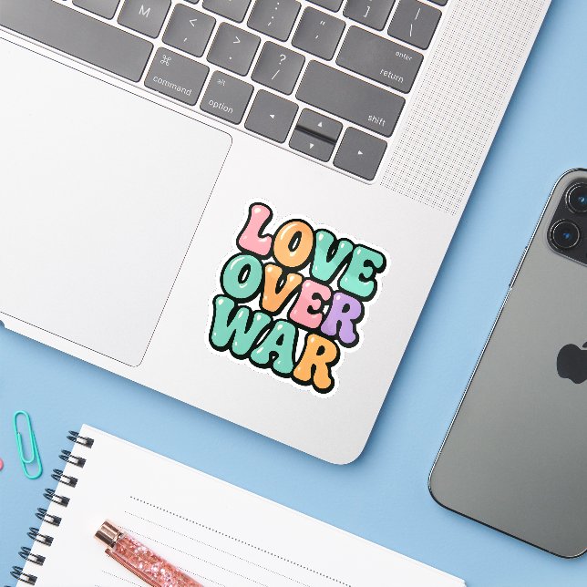 Retro Pastel "Love Over War" Bubble Sticker (Laptop w/ iPhone)