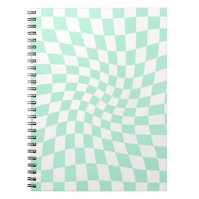 Retro Pastel Mint Green Checks Warped Checkerboard Notebook (Front)