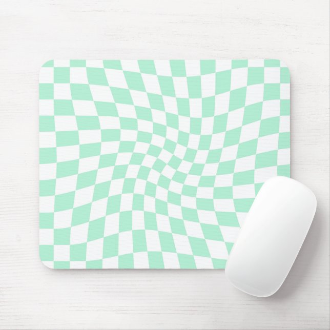 Retro Pastel Mint Green Checks Warped Chequerboard Mouse Pad (With Mouse)