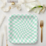 Retro Pastel Mint Green Checks Warped Chequerboard Paper Plate<br><div class="desc">Perfect warped chequered design. Modern warped checkers. This nice retro psychedelic design takes you to the wonderland. Warped checks in pastel colours. Twirl and swirl,  twist checks,  chequered pattern</div>