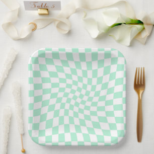 Retro Pastel Mint Green Checks Warped Chequerboard Paper Plate