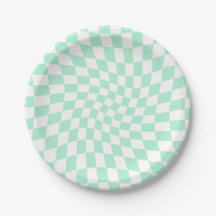 Retro Pastel Mint Green Checks Warped Chequerboard Paper Plate