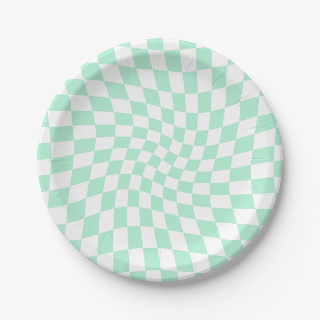 Retro Pastel Mint Green Checks Warped Chequerboard Paper Plate (Front)