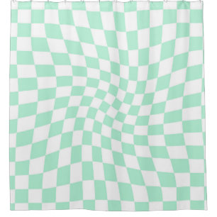 Retro Pastel Mint Green Checks Warped Chequerboard Shower Curtain