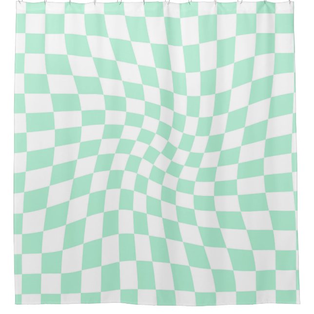 Retro Pastel Mint Green Checks Warped Chequerboard Shower Curtain (Front)