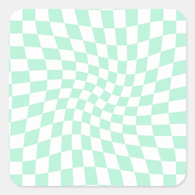 Retro Pastel Mint Green Checks Warped Chequerboard Square Sticker (Front)
