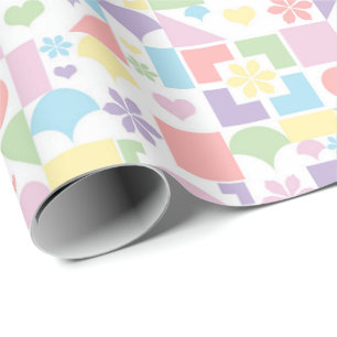 Retro Pastel Patchwork with 70s Shapes, Flowers  Wrapping Paper