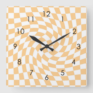 Retro Pastel Peach Checks Warped Chequered Dorm Square Wall Clock