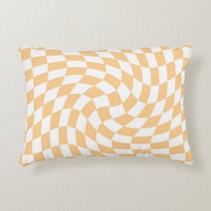 Retro Pastel Peach Dorm Warped Check Chequered Decorative Cushion