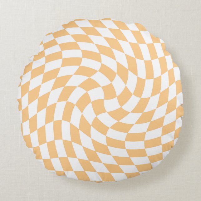 Retro Pastel Peach White Warped Check Chequered   Round Cushion (Front)