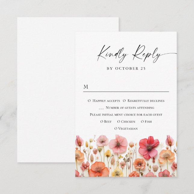 Retro Pastel Pink Boho Wild Flowers Wedding RSVP Card (Front/Back)