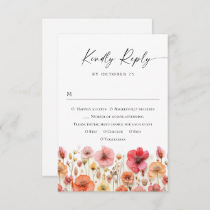 Retro Pastel Pink Boho Wild Flowers Wedding RSVP Card