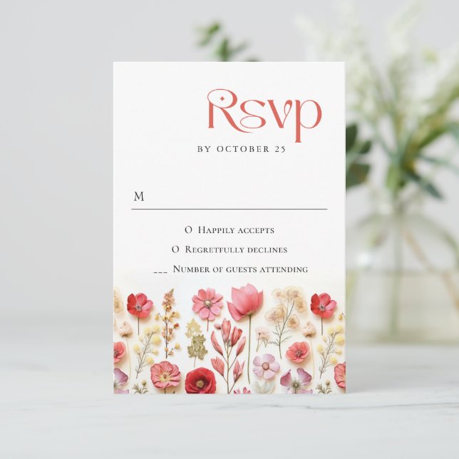 Retro Pastel Pink Boho Wild Flowers Wedding RSVP Card (Standing Front)