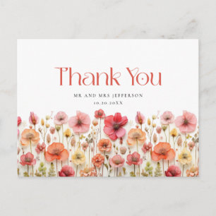 Retro Pastel Pink Boho Wildflower Thank You Postcard