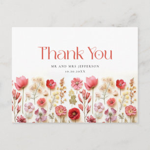 Retro Pastel Pink Boho Wildflower Thank You Postcard