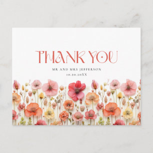 Retro Pastel Pink Boho Wildflower Thank You Postcard