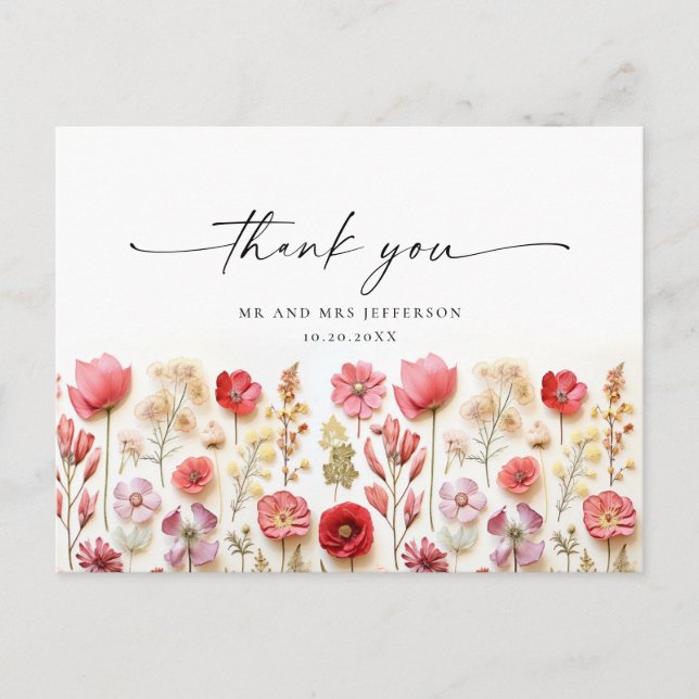 Retro Pastel Pink Boho Wildflower Thank You Postcard (Front)