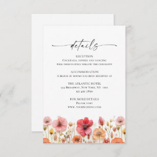 Retro Pastel Pink Boho Wildflower Wedding Details Enclosure Card
