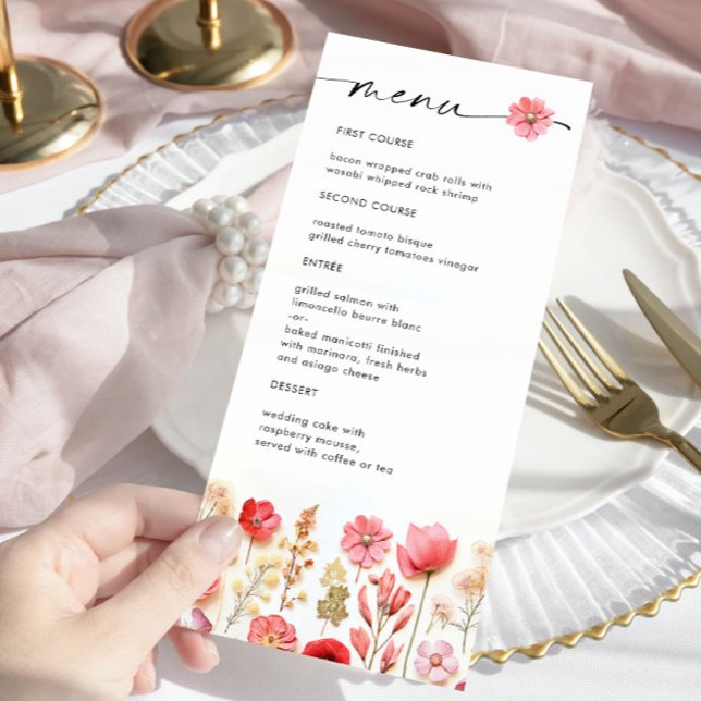 Retro Pastel Pink Boho Wildflower Wedding Details Menu (Creator Uploaded)