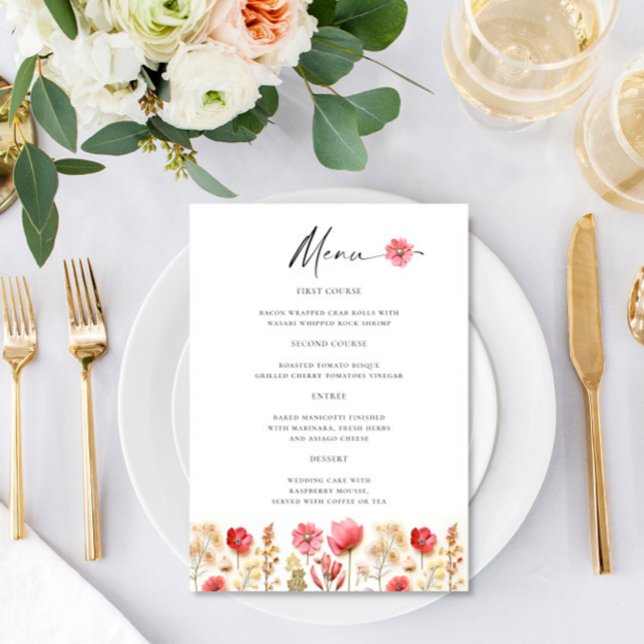 Retro Pastel Pink Boho Wildflower Wedding Details Menu (Creator Uploaded)