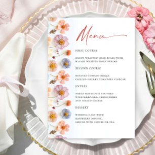 Retro Pastel Pink Boho Wildflower Wedding Details Menu