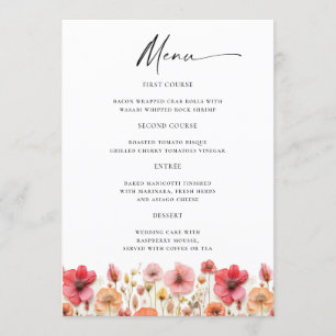 Retro Pastel Pink Boho Wildflower Wedding Details Menu