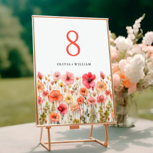 Retro Pastel Pink Boho Wildflower Wedding Details Table Number