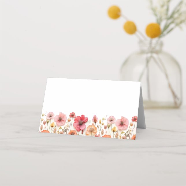Retro Pastel Pink Boho Wildflower Wedding Place Card (Front)