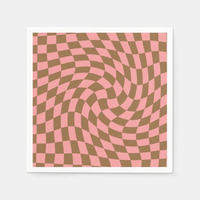 Retro Pastel Pink Brown Checks Warped Chequerboard Napkin (Front)