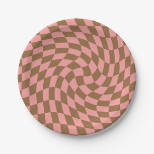 Retro Pastel Pink Brown Checks Warped Chequerboard Paper Plate