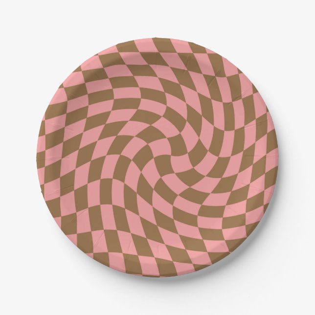 Retro Pastel Pink Brown Checks Warped Chequerboard Paper Plate (Front)