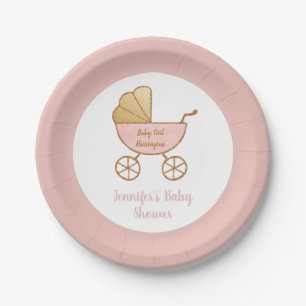 Retro Pastel Pink Carriage Baby Girl Shower Paper Plate