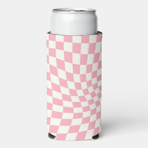 Retro Pastel Pink Checked Warped Checkered Seltzer Can Cooler