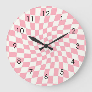 Retro Pastel Pink Checks Warped Chequered Dorm Large Clock