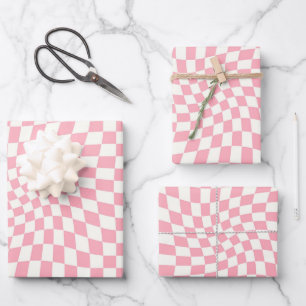 Retro Pastel Pink Checks Warped Chequered Dorm  Wrapping Paper Sheet