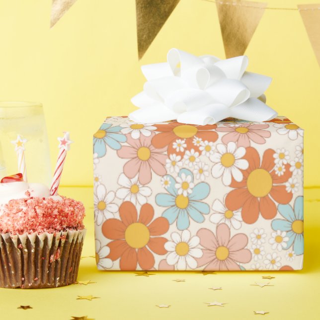 Retro Pastel Pink Orange Floral Wrapping Paper (Birthday Party)