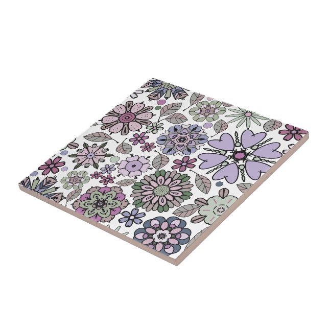 Retro Pastel Pink Purple Floral Seamless Pattern Ceramic Tile (Side)