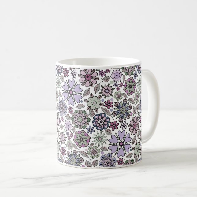 Retro Pastel Pink Purple Floral Seamless Pattern Coffee Mug (Front Right)